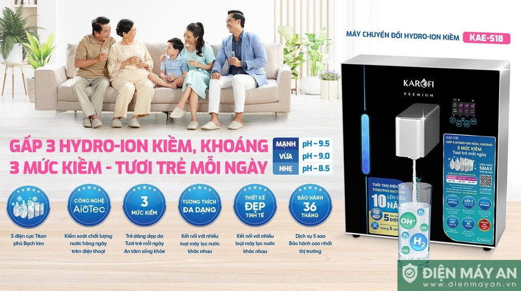 Máy chuyển đổi Hydro-ion kiềm Karofi KAE-S18 5 tấm điện cực